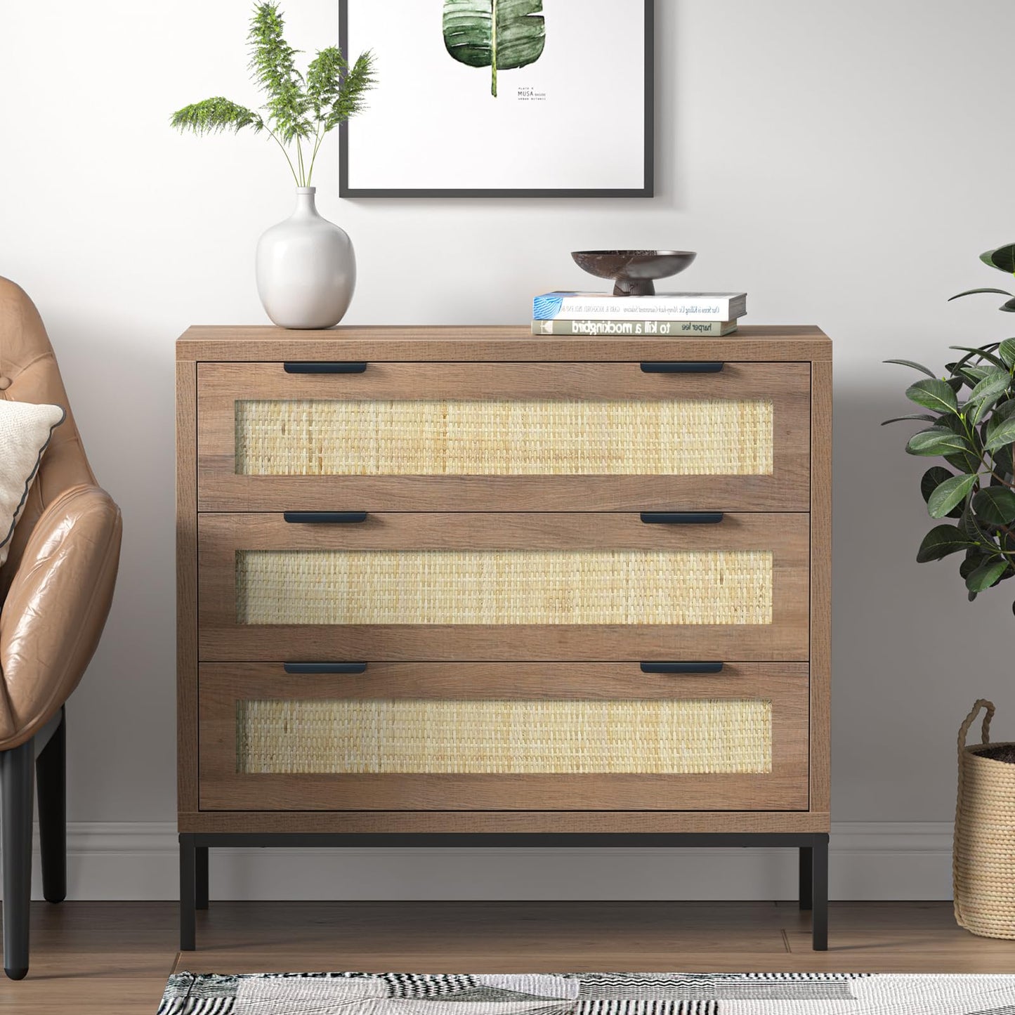 Yvsevnr Rattan Dresser for Bedroom Drawers for Clothes, Anti-Tipping, Wooden Closet Dressers Large Nightstand Bedside Storage Cabinet Unit with Metal
