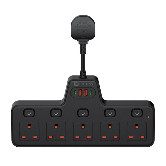 LEHOTPIA Power Strip Extension Lead Socket 5 Way with Flexible Plug, Extension Lead with Two Usb Slots with Individual Switches, Short Small Extension