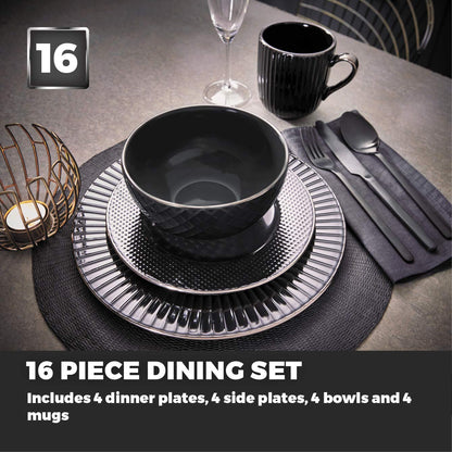 Tower T867002BLK Empire 16 Piece Dinnerware Set, Stoneware, Black and Brass