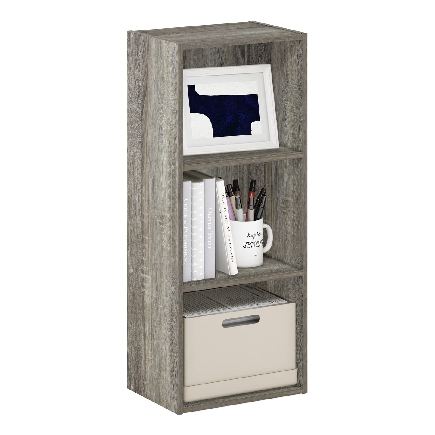 Furinno LUDER Book Shelf, 3-Cube Bookshelf, Bookcase with Open Shelves, 23.6cm x 30.5cm x 80cm, for Living Room, Bedroom, Home Office, Grey Oak
