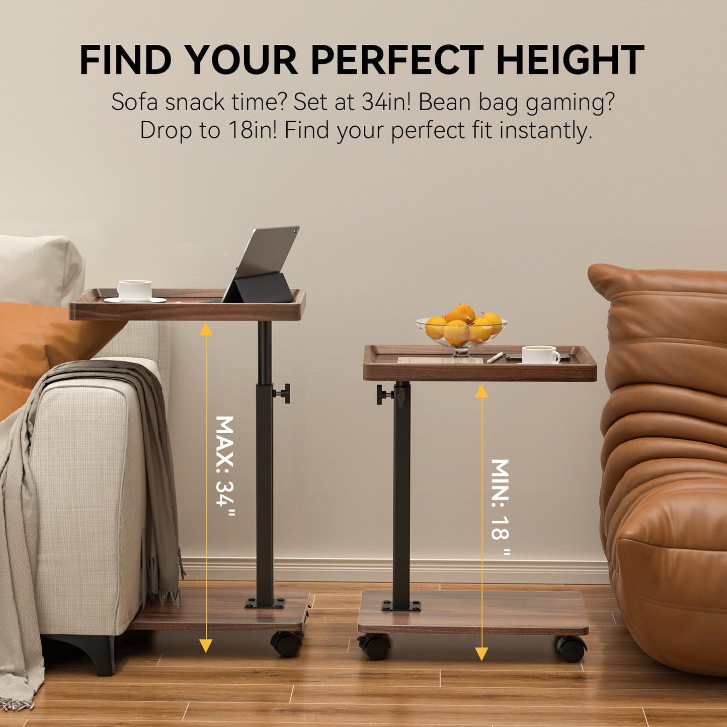 XNSDXV C Shaped Side Table Adjustable Height, 360°Swivel Bedside Tables With Wheels, End Table for Small Spaces, Sofa Side Tables For Living room