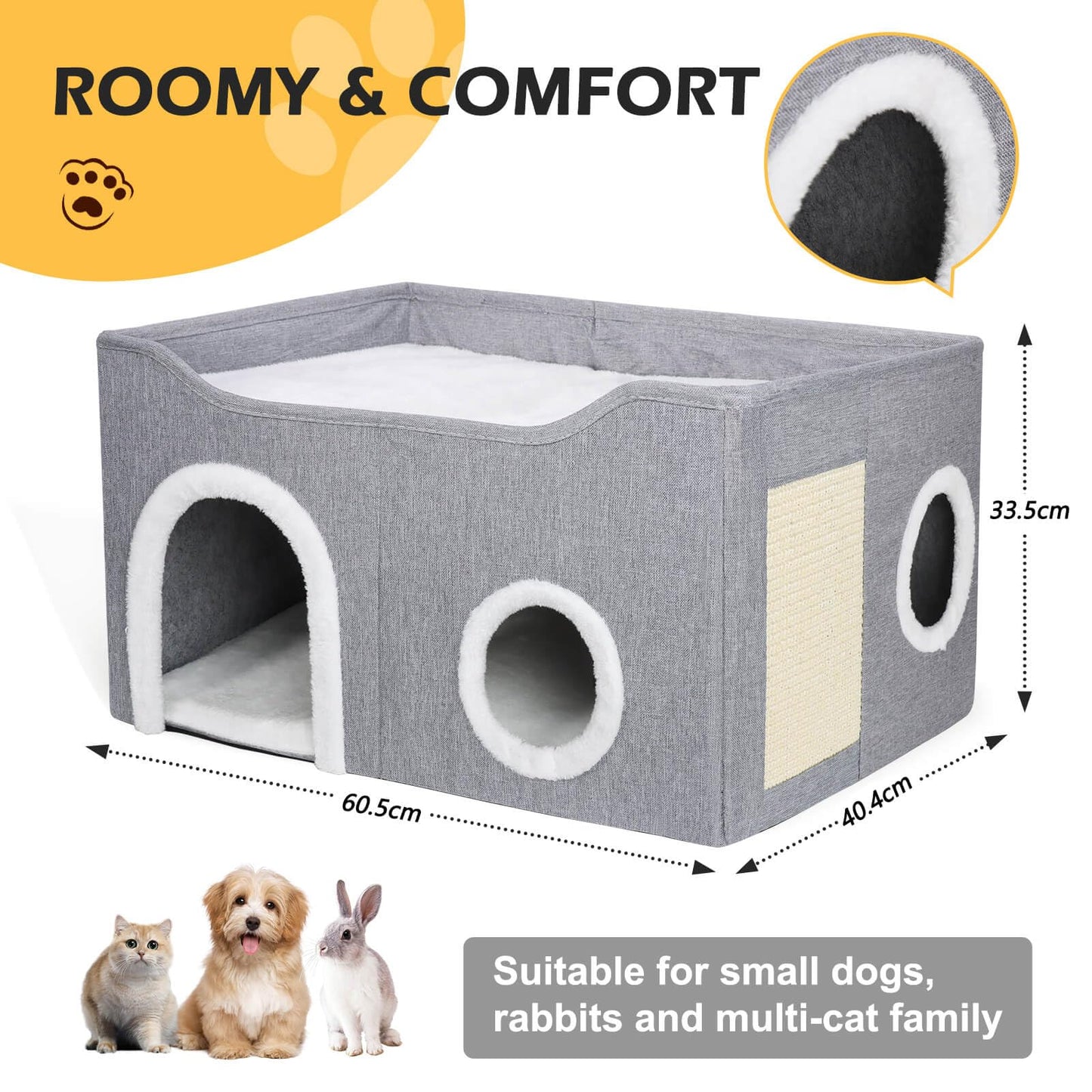 GDGZT Cat Bed for Indoor Cats, Foldable Cat House with Cube Cat Beds- Large Soft Cat Cave Bed with Cat Scratching Board, Covered Cat Hideaway for Cat