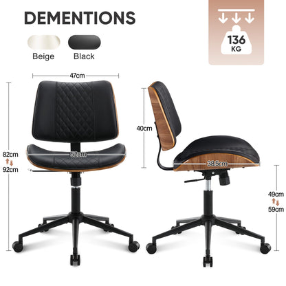 BERYTH Armless Desk Chair with Wheels Boucle Home Office Chair 360° Swivel Adjustable Height PU Leather Max. 136kg Mid Back Modern Bentwood Walnut
