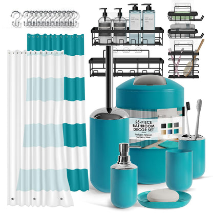 Clara Clark Bathroom Set - Bathroom Set with Adhesive Corner Shower Caddy Hanging, 25PC Bathroom Accessory Set, Teal Shower Curtain Set, Toilet Brush