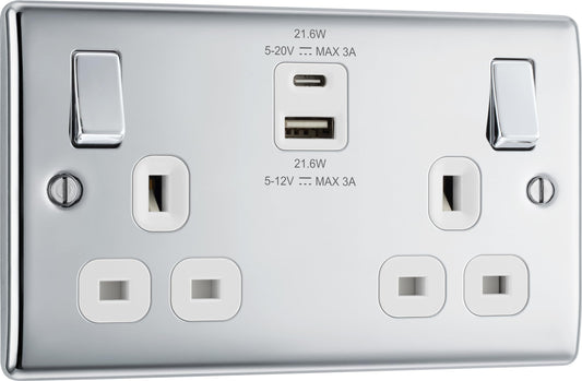 BG Electrical 22W Double Switched Wall Plug Socket with Fast Charge Type A & C USB Charging Ports, Nexus Metal, Polished Chrome, Black Inserts, 13A,