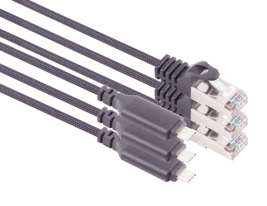 1aTTack.de 2m USB-C to LAN adapter cable, pack of 3 cables, 1 Gbit data transfer, USB C 3.1 to RJ45 Ethernet Cat6 cable, compatible with smartphone,