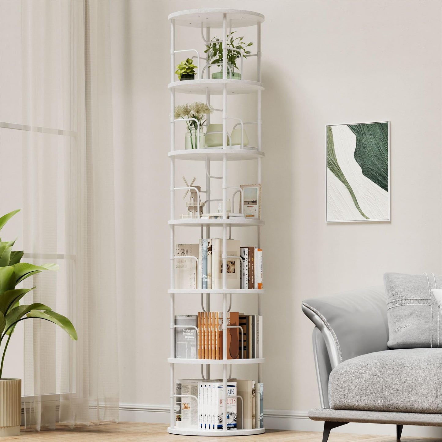 OCTORO 6 Tier Rotating Bookshelf, 360° Corner Bookshelf Tower, Round Revolving Bookcase with Adjustable Levels, Spinning Book Shelf for Home Office