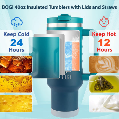 BOGI 40oz Tumbler with Straw and Lid,Leakproof Travel Mug with Handle,Double Walled Stainless Steel Tumbler with 2 in 1 Air Tight Lid,Reusable