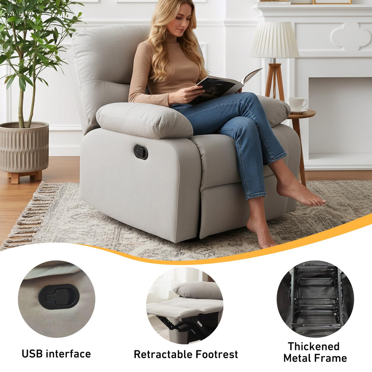 Panana Grey Fabric Manual Recliner Sofa Armchair - Living Room Furniture, Lounge Chair Sofa for Ultimate Comfort & Elegance. Single Seater Sofa for