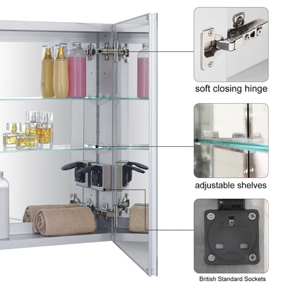 Fundin LED Illuminated Bathroom Mirror Cabinet with Defogger, Dimmer and Socket, Recessed or Surface Mount, Aluminum material, 51W x 65H cm