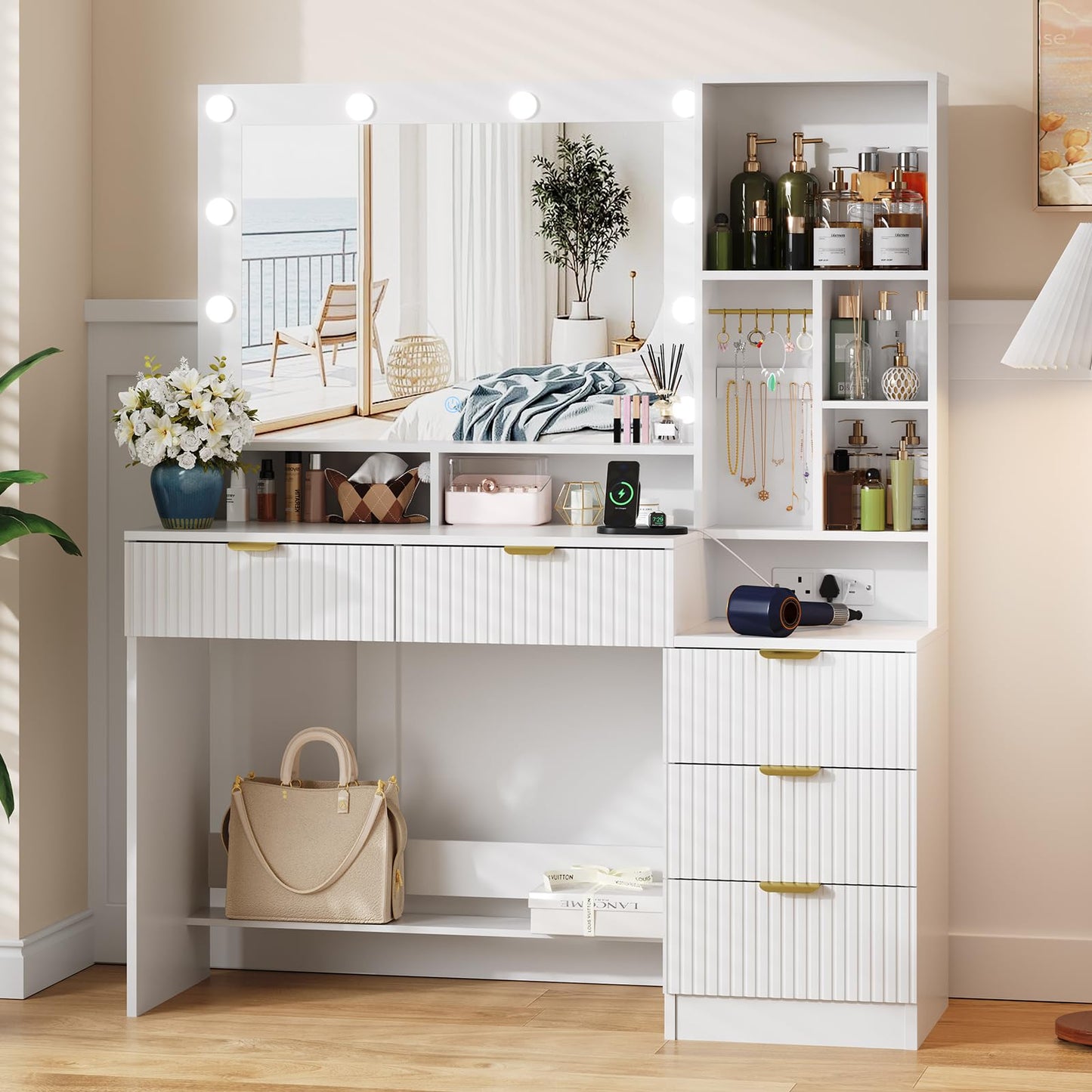 JUMMICO Dressing Table with LED Lights,Vanity Desk with Mirror and 5 Drawers,Modern Makeup Desk with Jewellery Hooks and Power Outlet for Bedroom