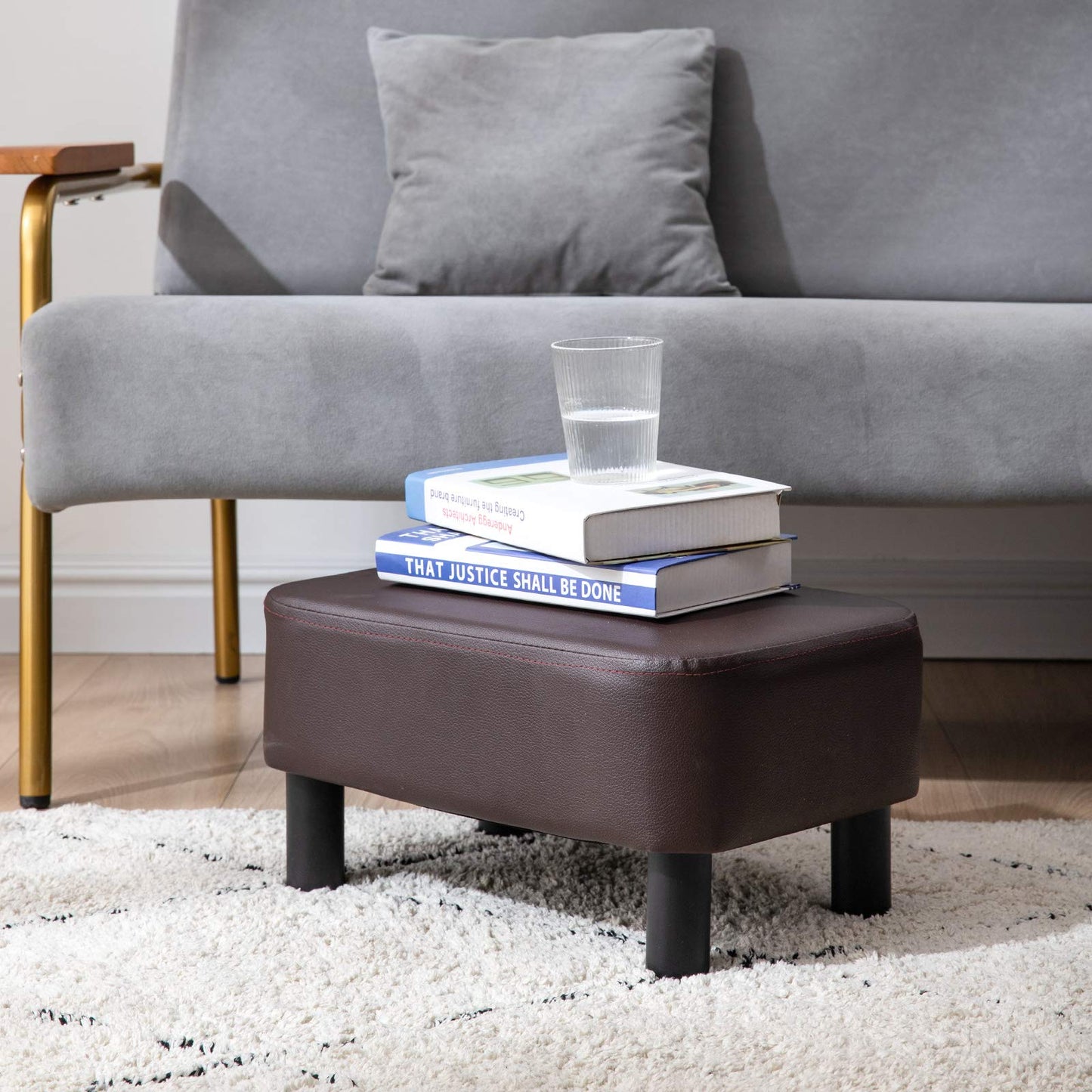 IBUYKE 16.54" Small Footstool PU Leather Ottoman Footrest Modern Home Living Room Bedroom Rectangular Stool, with Padded Seat Pine Wood Legs