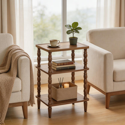 HOOBRO Side Table, 3-Tier Small Table with Solid Wood Legs, Retro Bedside Table Sofa Table with Open Shelf, Nightstand, Accent Table for Small Space