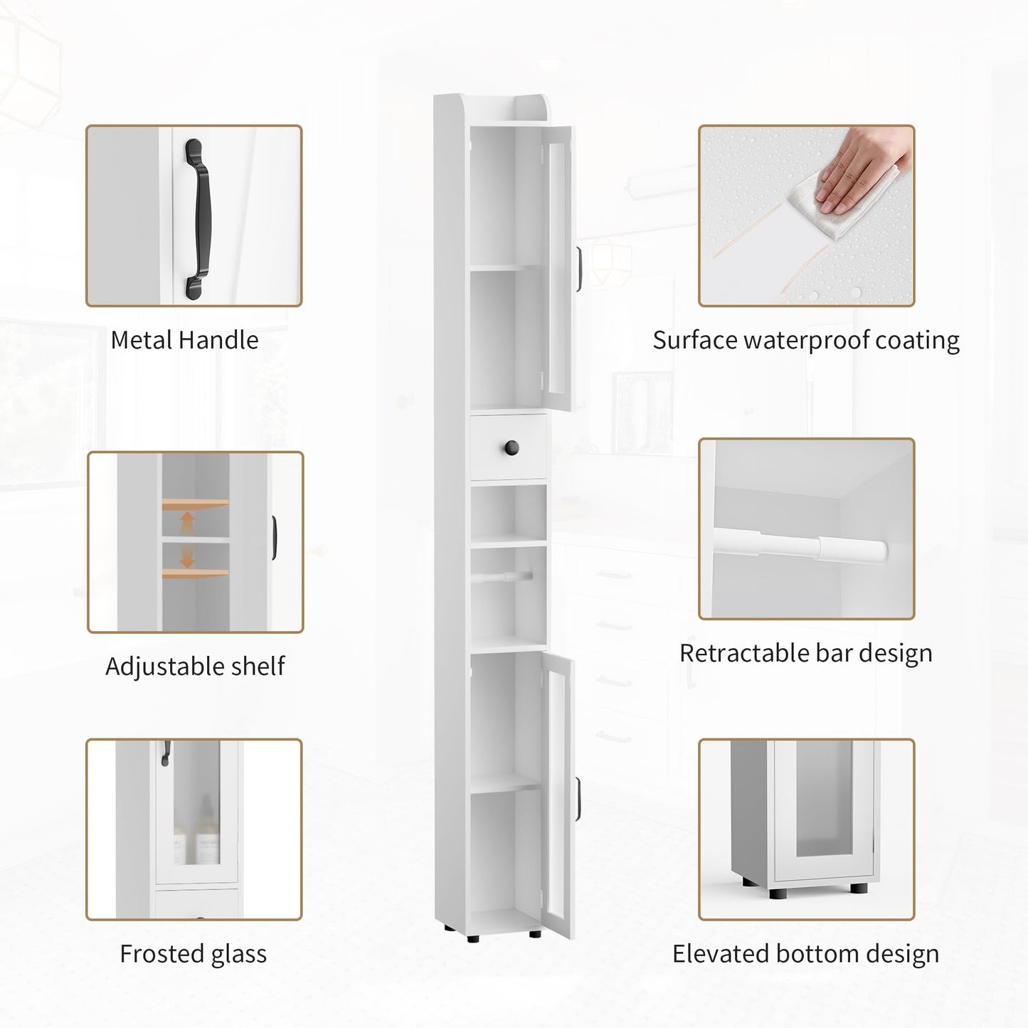 BonVache Tall Bathroom Storage Cabinet, Slim Storage Unit with Adjustable Shelves, Bathroom Shelves Cupboard for Kitchen Hallway Living Room Bedroom