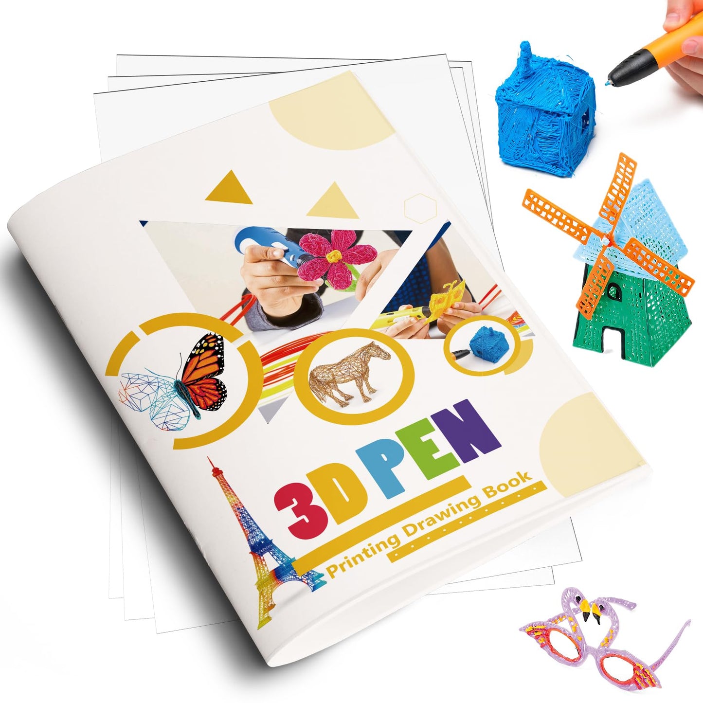 MOCOBO 3D Printing Drawing Book, 40 Colorful Patterned Thick Paper Templates, Reusable, with 2 Clear Plate, DIY Drawing Book, Gifts for Kids