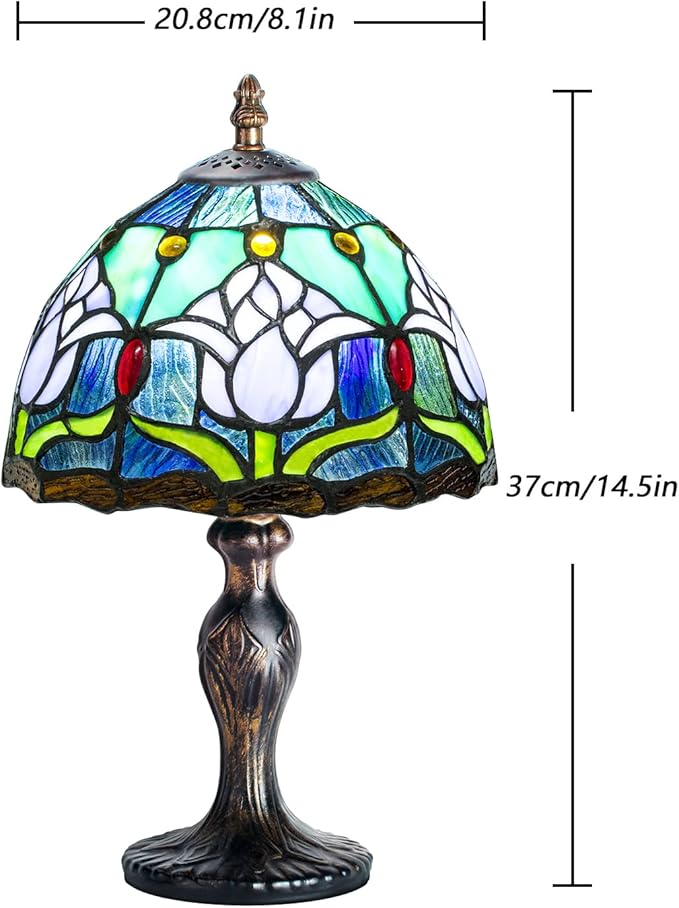 MIAOKE Stained Style Table Lamp, Vintage Table Lamp, Handcraft Stained Glass Lampshade, Table Lamps for Bedroom, Bedside Lamp, Study, Office (Blue Tulip)