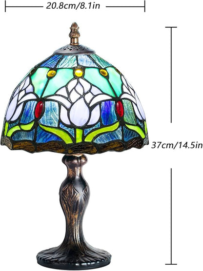MIAOKE Stained Style Table Lamp, Vintage Table Lamp, Handcraft Stained Glass Lampshade, Table Lamps for Bedroom, Bedside Lamp, Study, Office (Blue Tulip)
