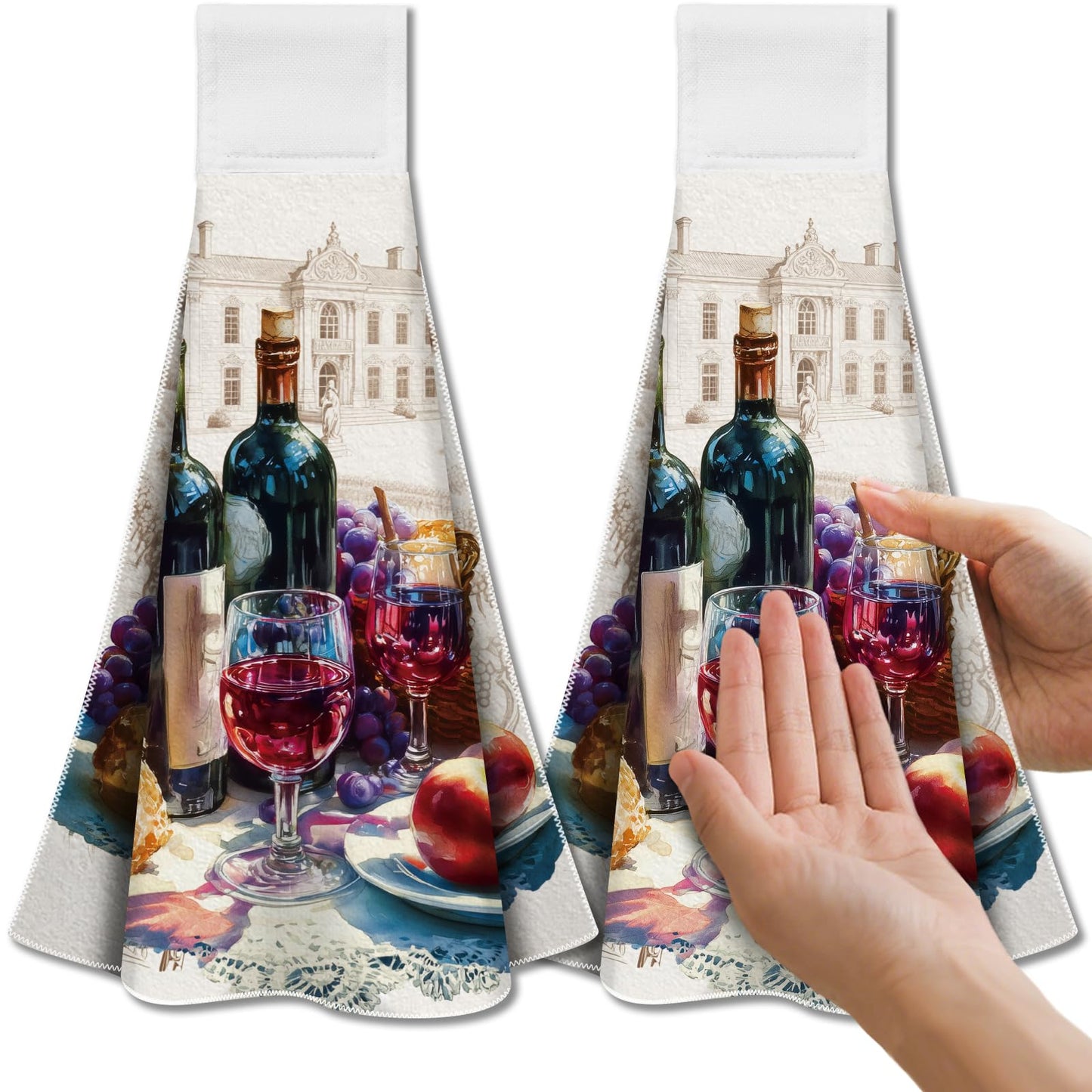 CUTHOLLOW Wine Hanging Kitchen Towels with Loop, Set of 2 - Soft & Super Absorbent Microfiber Decorative Hanging Dish & Hand Towel, Tea, Coffee Towel