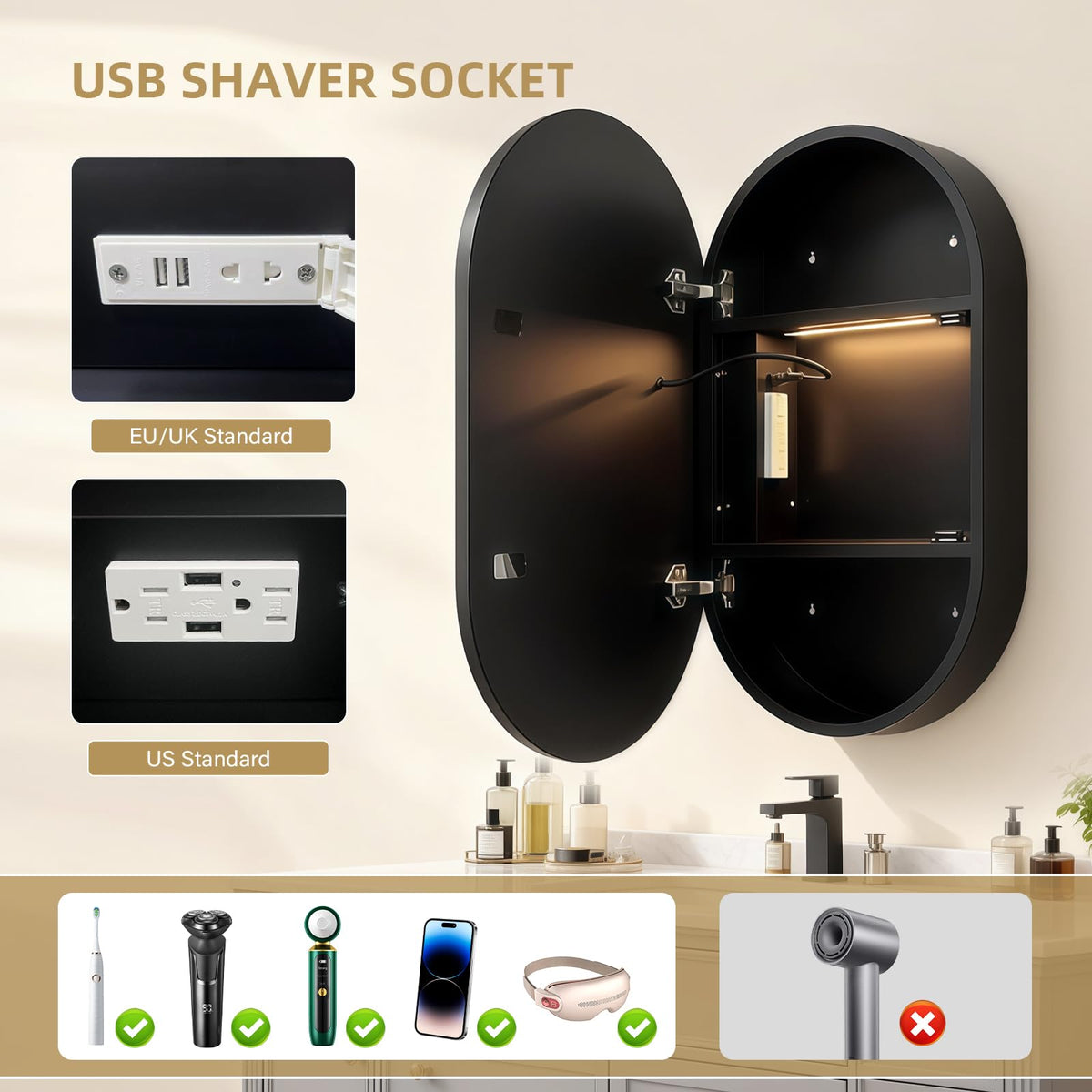 Janboe Capsule Shape Mirror Cabinet with Light,LED Mirror Cabinet,USB Shaver Socket,Internal Light,Steel with Powder Coating,Soft Closing