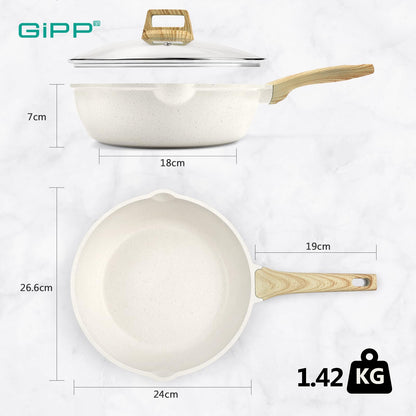 GiPP Nonstick Deep Frying Pan - 2.6L White Granite Saute Pan with Lid, Pour Spout and Stay-Cool Handle, Non Stick Skillet Non Toxic Cooking Pan