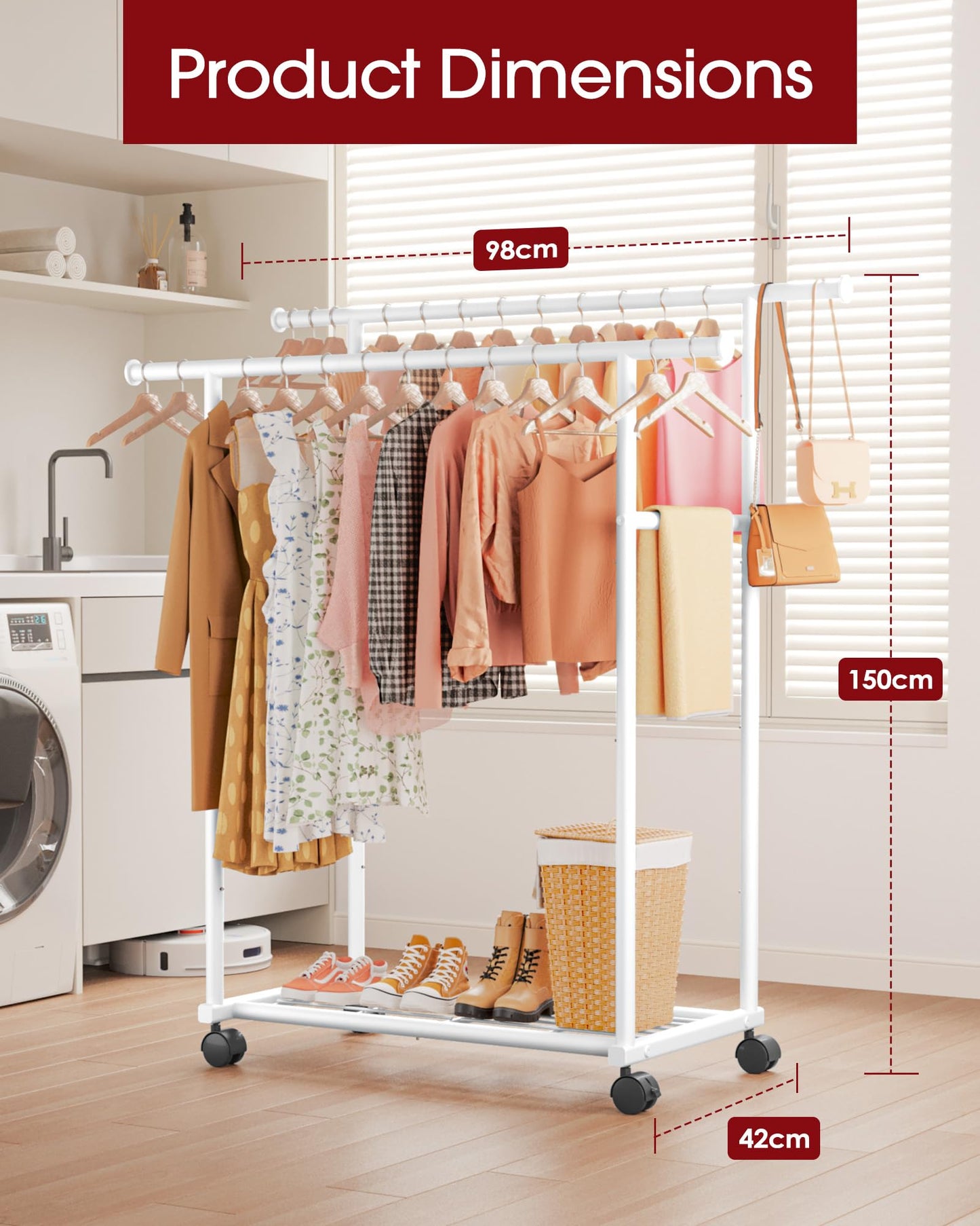 Sakugi Double Rod Clothing Rack with Shelf & Wheels, 98x42x150cm, White