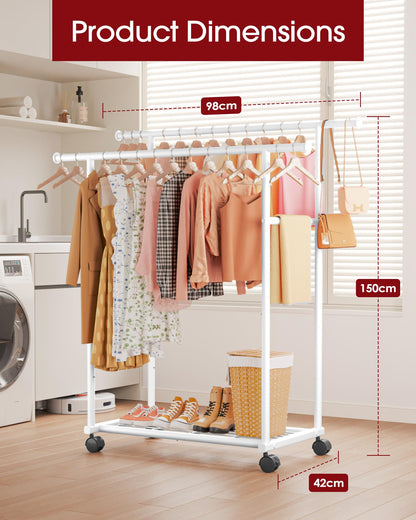 Sakugi Double Rod Clothing Rack with Shelf & Wheels, 98x42x150cm, White