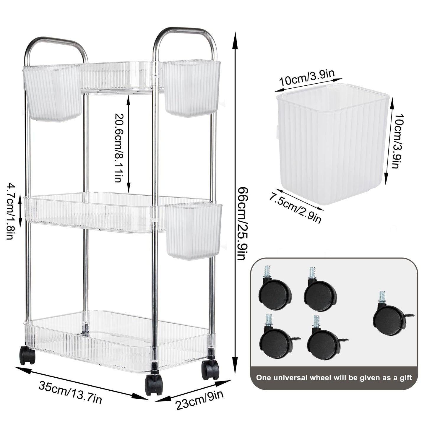 Speclux 3-Tier Clear Acrylic Rolling Storage Trolley on Wheels with Bonus Hanging Cups, Lockable Wheels & Handle