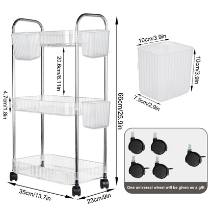 Speclux 3-Tier Clear Acrylic Rolling Storage Trolley on Wheels with Bonus Hanging Cups, Lockable Wheels & Handle
