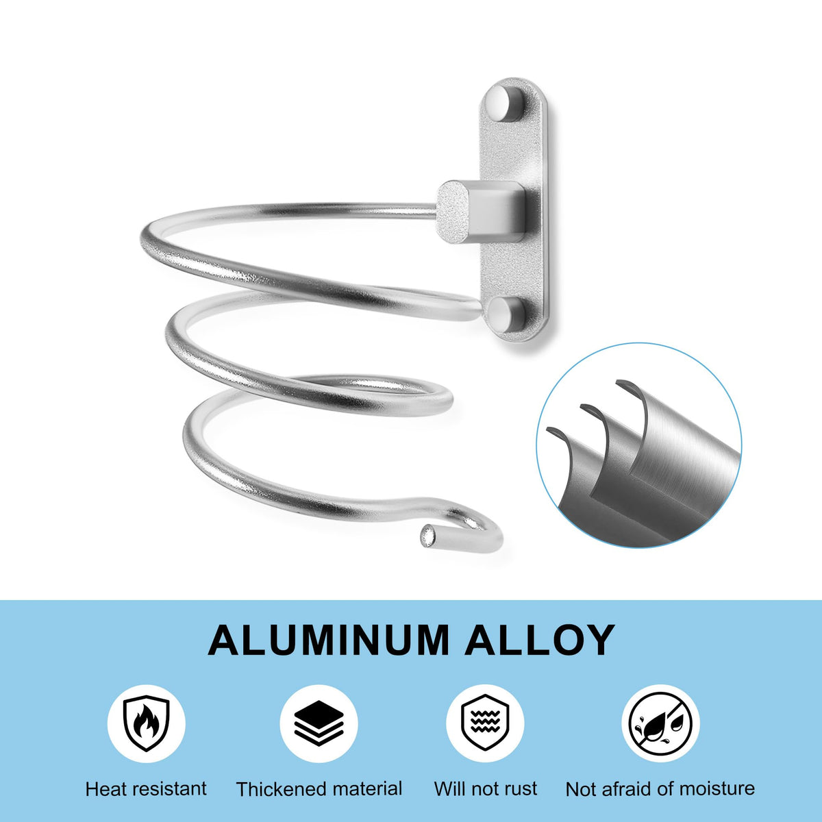 OlBuWa Hair Dryer Holder Aluminum for Hair Dryer Storage Spiral Holder Bathroom Shelf for Washroom Supplies (Silver)