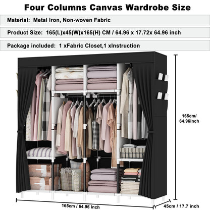 OPPAIYA Extra Large Canvas Wardrobe, Heavy Duty Triple Fabric Wardrobes for Bedroom,165 x 165 x 45 cm, 4 Hanging Rails, 4 Compartments