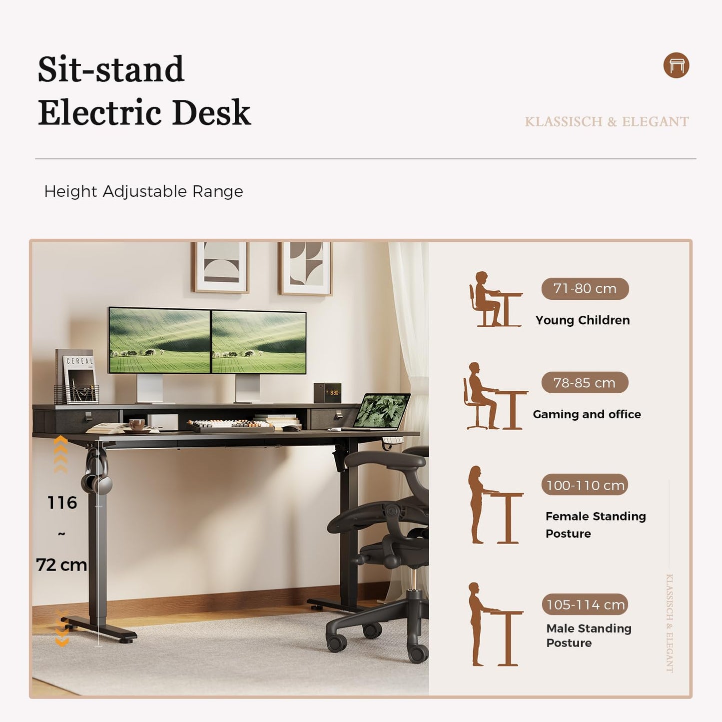 Klicelor Electric Height Adjustable Desk, with 2 Fabric Drawers, 100x60cm