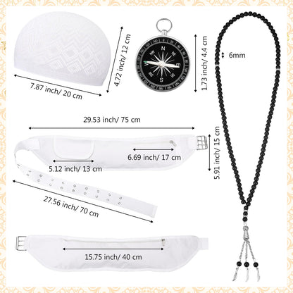 Namalu Islamic Men's Ihram Set Includes 1 Set of 2 Pcs Seamless Hajj Towel 110 x 210cm Ahram 1 Ihram Belt Waist Packs 1 Kufi hat 1 Tawaf Prayer Beads