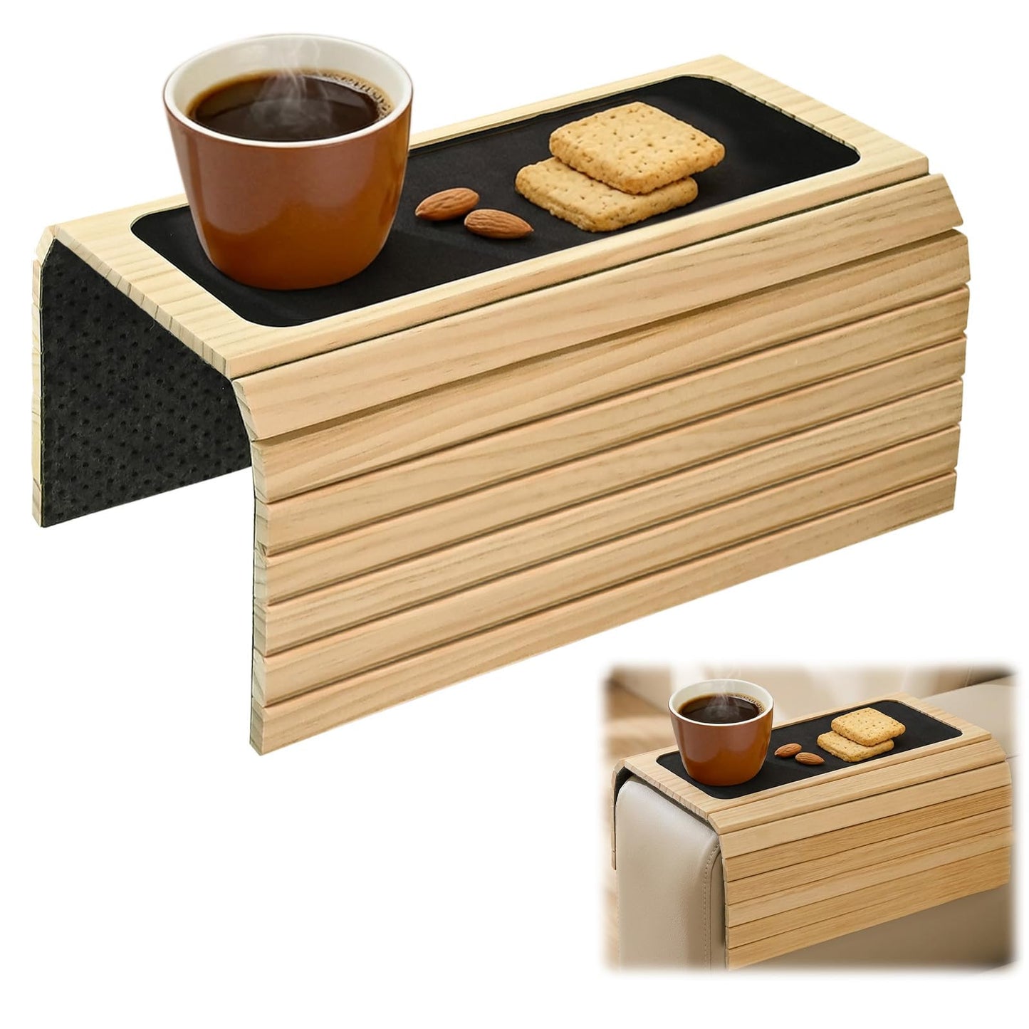 Sofa Arm Tray Natural Bamboo, Foldable Couch Arm Table with Black Coaster, Non-Slip Sofa Armrest Organizer for Recliners and Sectionals