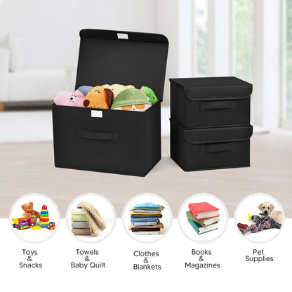 DIMJ 3 Pack Foldable Storage Boxes with Lids - Collapsible Storage Bin with Handle, Fabric Storage Basket Organiser Box for Wardrobe, Closet, Shelf