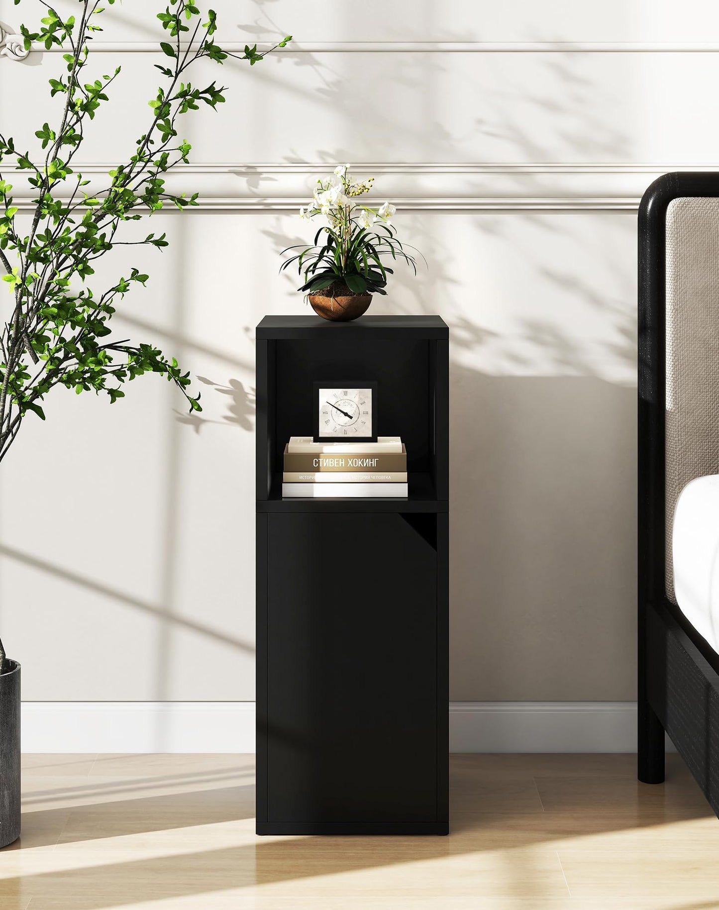 YMYNY Narrow Bedside Table Set of 2, Slim Side Table with Open Compartment and Door, Adjustable Shelf, Bedside Cabinet, for Bedroom, Living Room