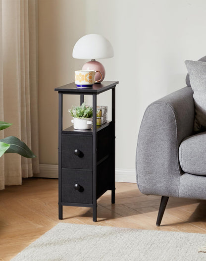 YMYNY Narrow Side Table Set of 2, Slim Bedside Table with 2 Fabric Drawers, Nightstand for Small Spaces