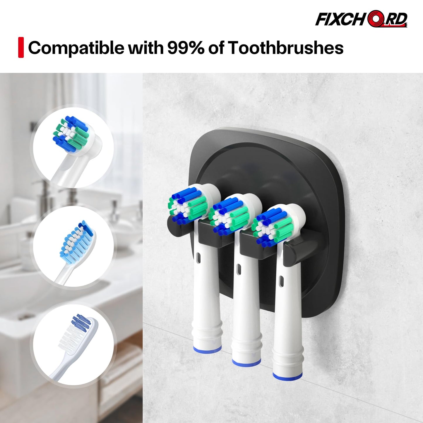 FIXCHORD Toothbrush Holder, 2Pcs Electric Toothbrush Head Holder, Wall Mounted, No Drilling, Black