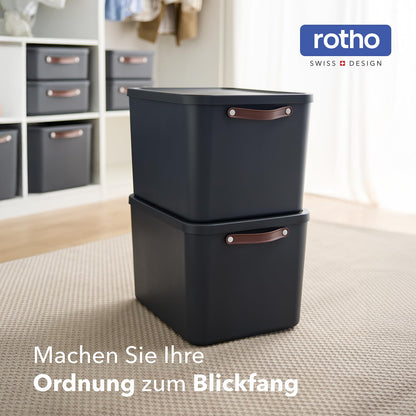 Rotho Maloja Storage Box, Set of 2, 55 L with Lid, 53.5 x 40 x 34 cm (L x W x H) (Anthracite)