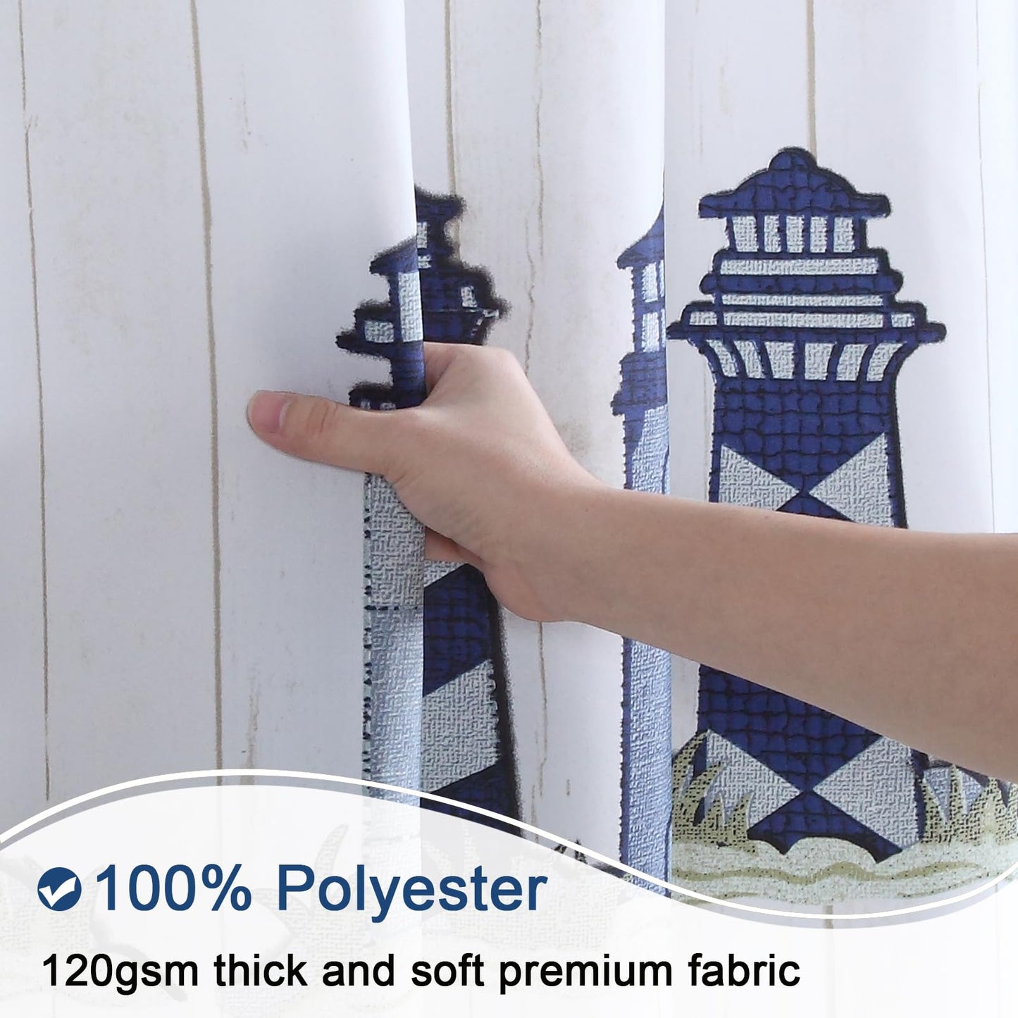 BESTRIPES Long Fabric Shower Curtain, Blue Gray Nautical Lighthouse Shower Curtain for Bathroom, Waterproof Polyester Bathroom Curtains, 72" W x 78" H