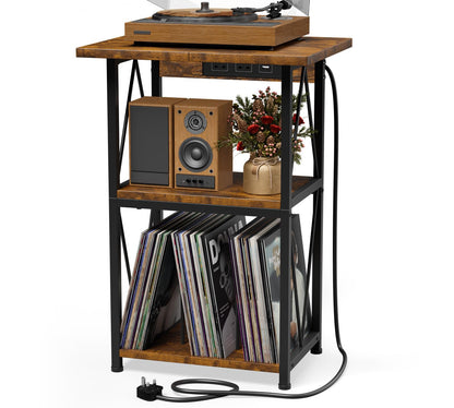 HFHOME 2025 Upgraded Extended Tabletop Record Player Stand with Charging Station, 3 Tier End Table with Vinyl Record Storage