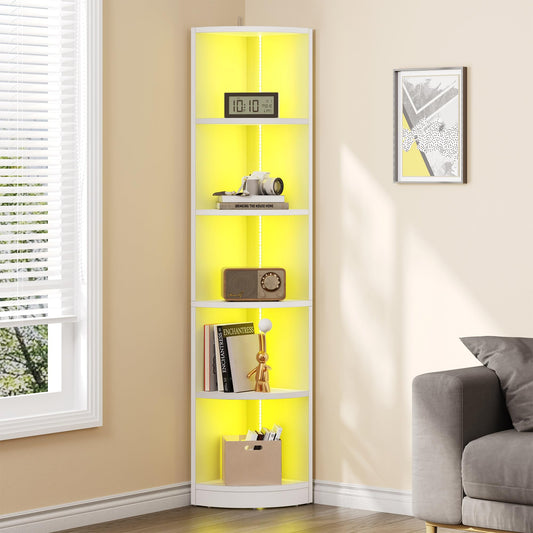 YITAHOME 5 Tiers BookShelf, Corner Bookshelf with LED Lighting, Corner Bookcase Unit, Bluetooth Music Synchronisation, Display Cabinets for Bedroom