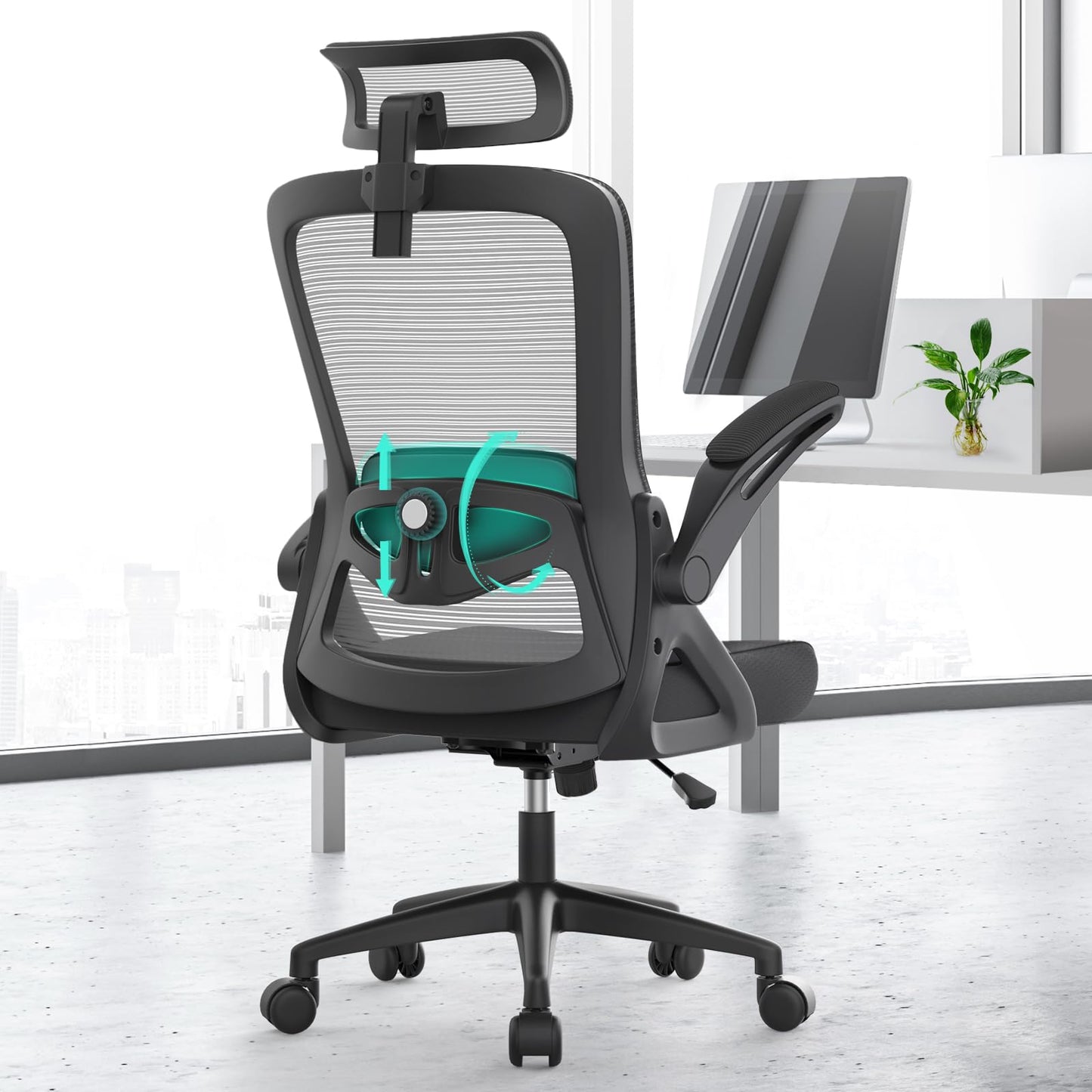 YONISEE Office Chair Ergonomic Office Chair with Lumbar Support, Adjustable Armrests and Headrests, Mesh Chair High Back Comfortable for Home Office