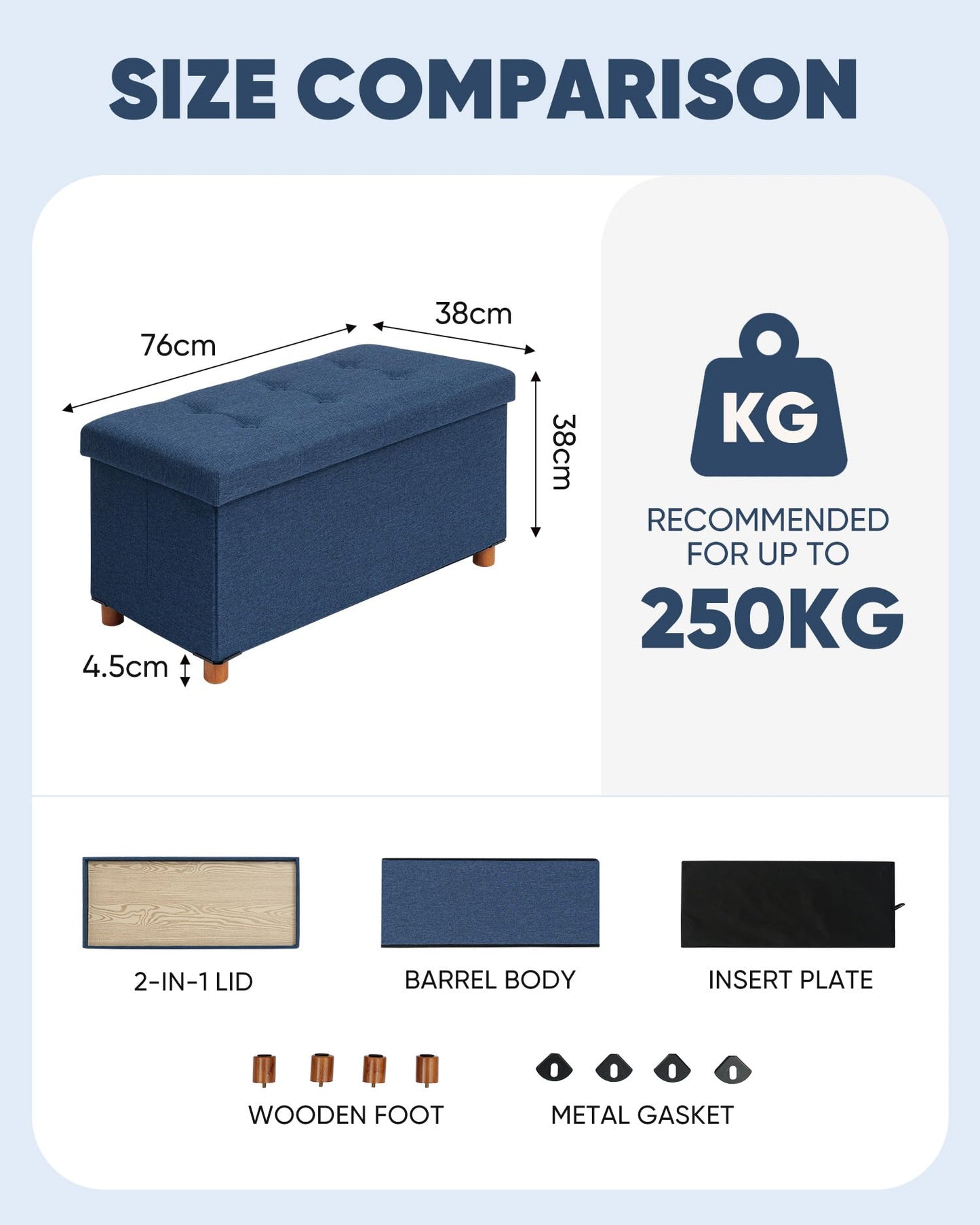 Bonlife Storage Ottoman with Tray, Foldable Bench with Wooden Legs