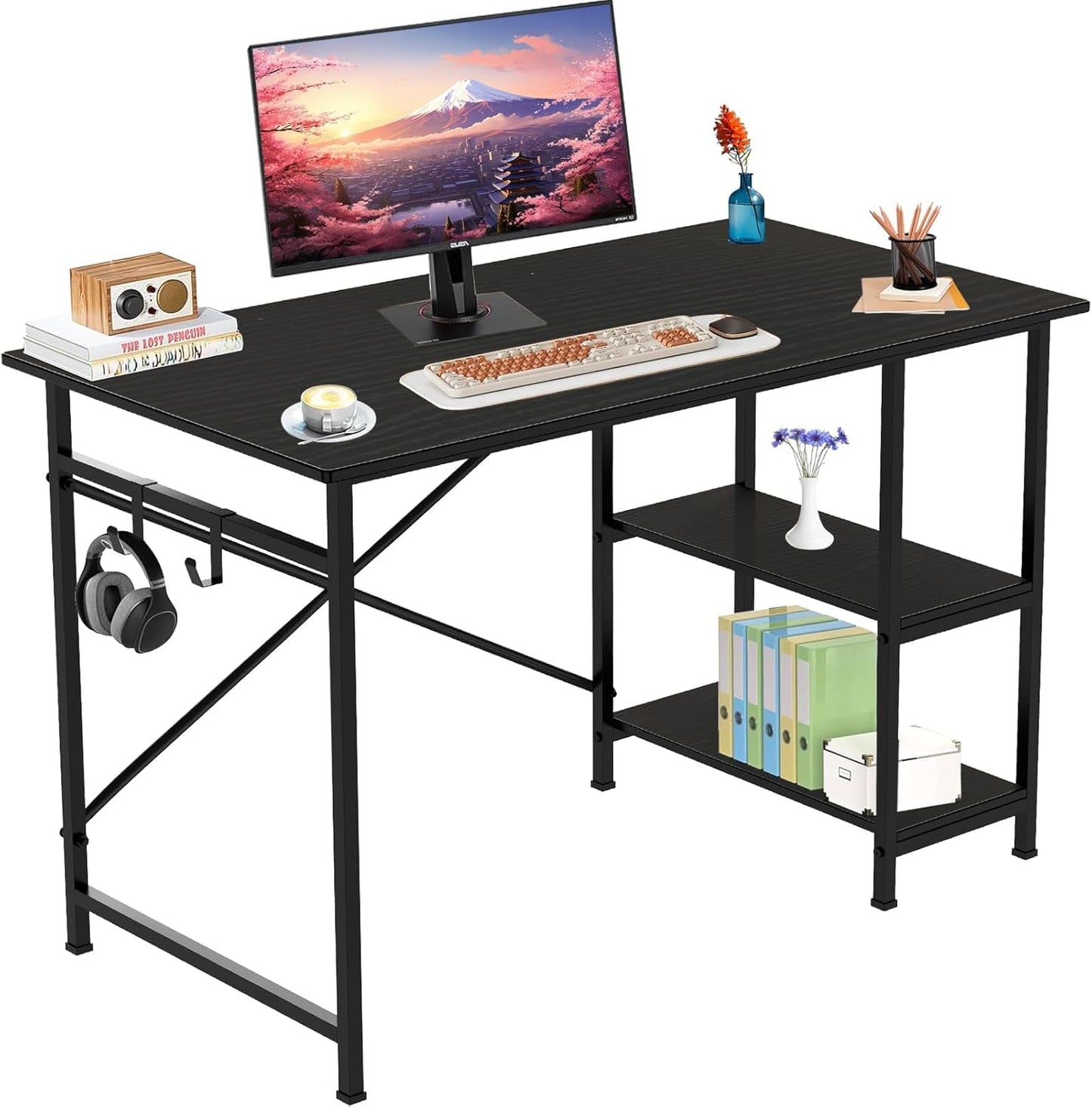 YOBWOK Computer Desk,Desk with 2 Reversible Shelves, Computer Table for Workstations, Gaming Desk, for Home Office, Living Room, Steel Frame,2 Hooks