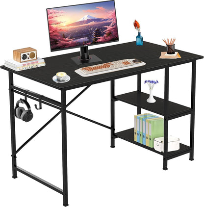 YOBWOK Computer Desk,Desk with 2 Reversible Shelves, Computer Table for Workstations, Gaming Desk, for Home Office, Living Room, Steel Frame,2 Hooks