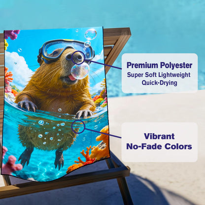 Violetpos Snorkeling Capybara Beach Towel, Extra Large 180x90 cm 250GSM Microfibre, Sand Free Quick Dry