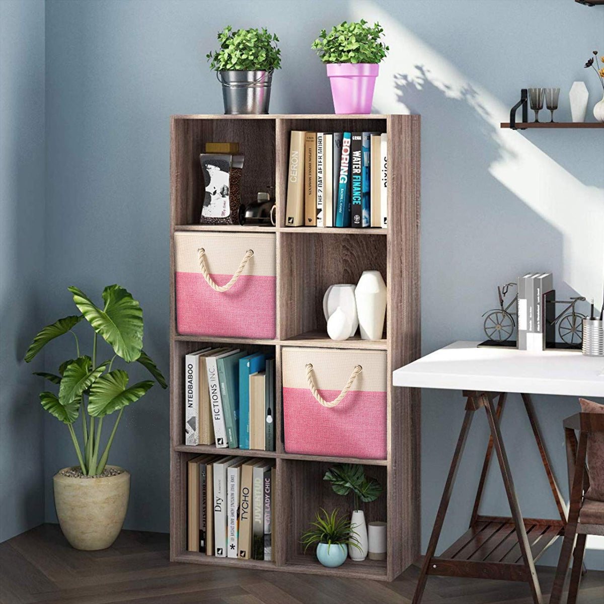 Prandom Large Foldable Cube Storage Bins 33x33x33cm [4-Pack] Fabric Linen Storage Baskets Cubes Drawer with Cotton Handles Organizer for Shelves