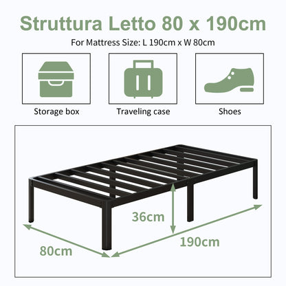Lutown-Teen Metal Bed 80 x 190 cm with Round Legs, 36 cm Height Bed Frame Single Bed with Metal Slatted Frame, Black