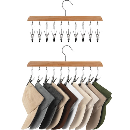 StorageWorks Hat Rack, Set of 2 Wooden Hangers with Adjustable Stainless Steel Clips, Heavy Duty Wardrobe Organiser and Storage for Baseball Caps