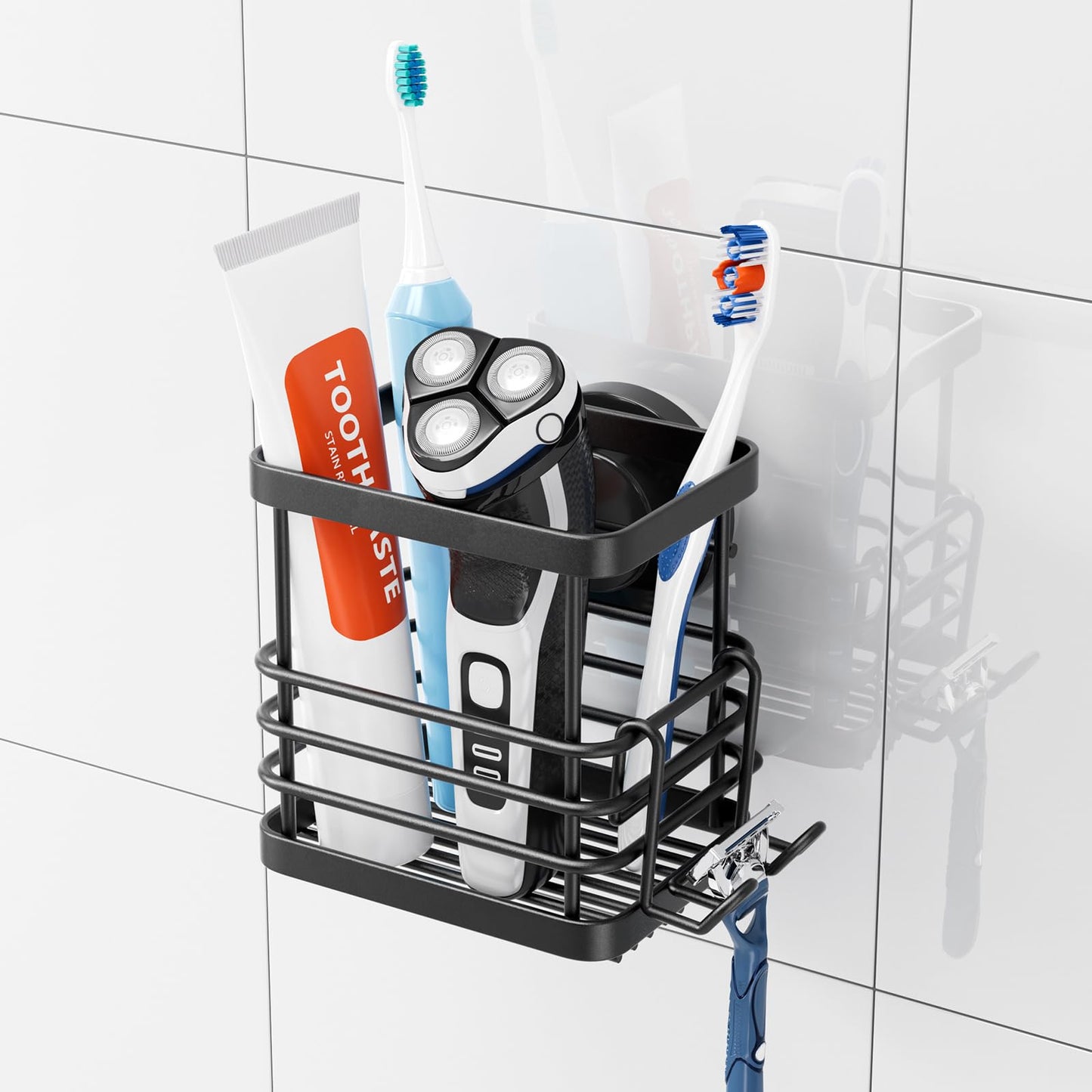 TAILI Bathroom Toothbrush Holder Wall Mounted, Strong Suction, Black, Metal